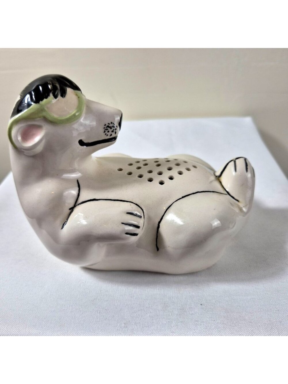 Vintage Ceramic Reclining Polar Bear Spice Shaker Signed Novelty Kitchen Decor